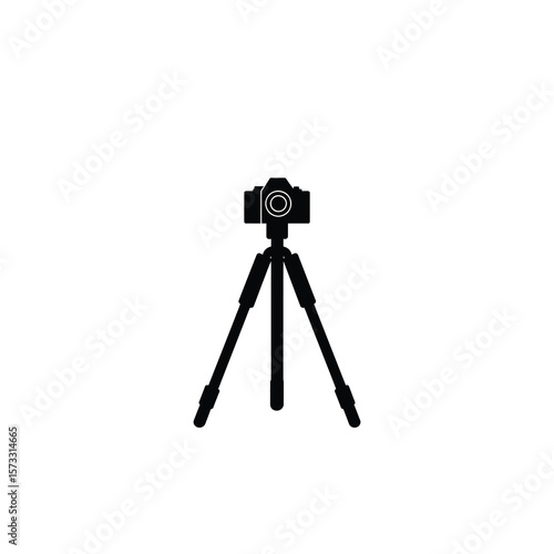 Black icon illustration of a camera mounted on a tripod on white background