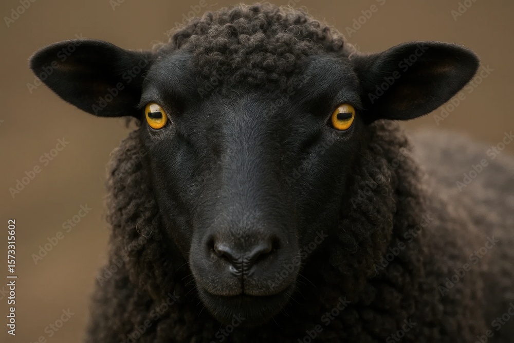 A close-up of a black sheep with striking yellow eyes, set against a blurred natural backdrop A close-up of a black sheep with striking yellow eyes, set against a blurred natural backdrop