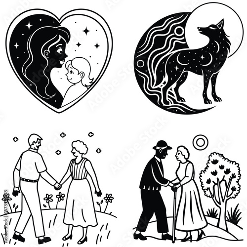 Vector art of simple black and white illustrations showing heartwarming scenes of families, couples, and elderly people, along with celestial and animal motifs