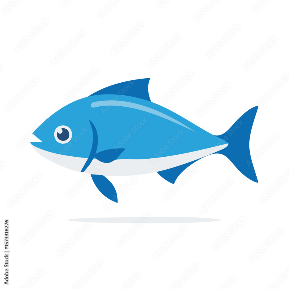 Obraz premium Cartoon Blue Fish, side view, isolated, swimming, minimalist, cute ocean animal illustration with fins and tail