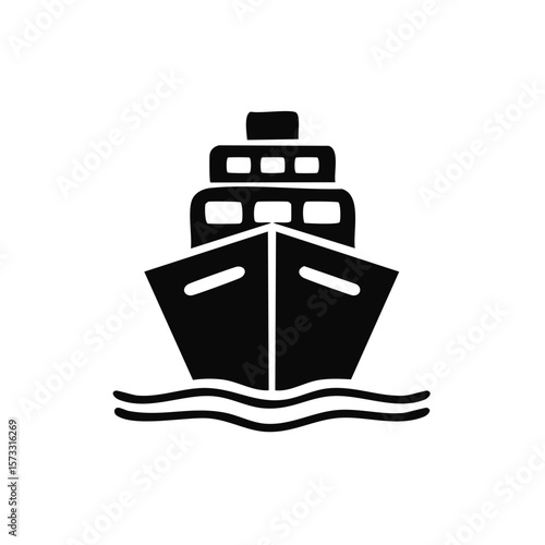 Monochrome stylised illustration of a front view cruise ship on a smooth sea with symmetrical waves