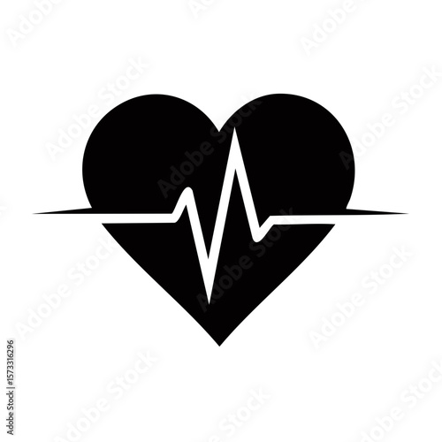 Black Heart Shape with EKG Line Pulsing - Health Concept, Flat Icon
