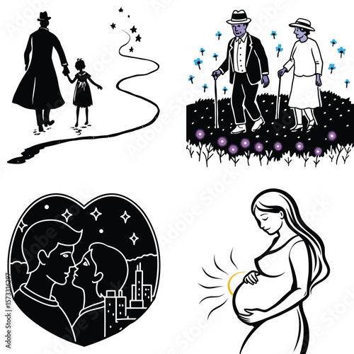 Vector art of a series of black and white illustrations capturing lifes precious moments a father and daughter walking, an elderly couple, a romantic couple, and a pregnant woman