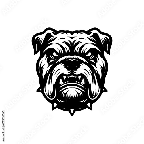 Illustration of an angry bulldog head with a spiked collar, rendered in black and white.