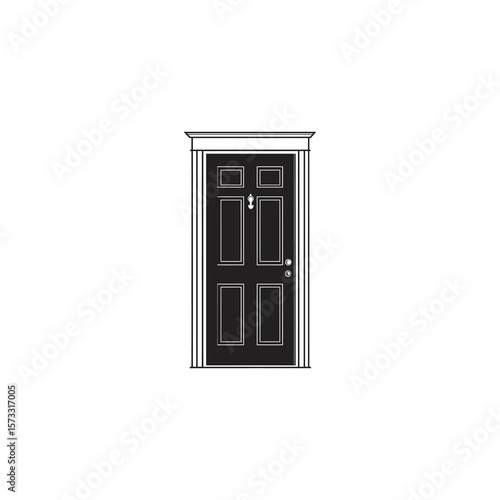 Black six panel door icon with door knocker on white background