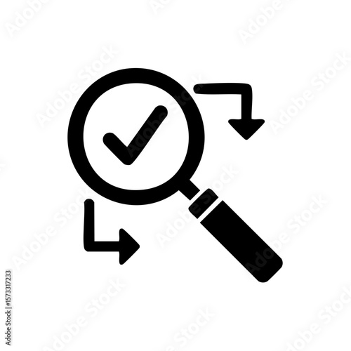 Magnifying Glass with Check Mark and Arrows Illustrating Analysis and Verification Process
