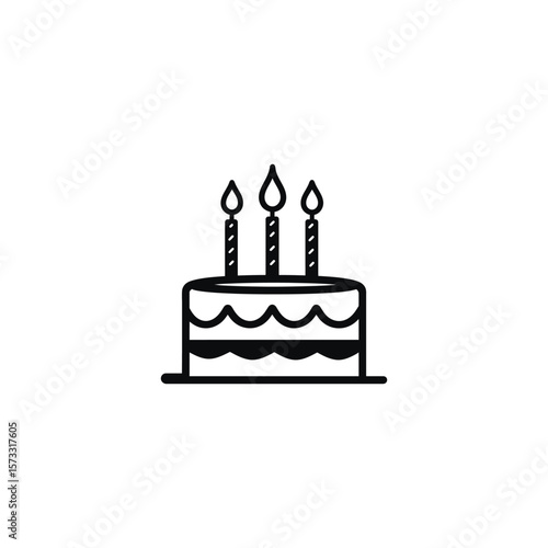 illustration of a black birthday cake icon with three burning candles