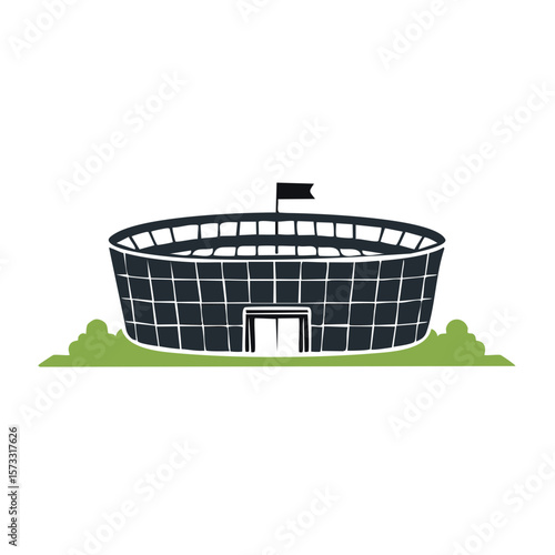 Circular Stadium Illustration with Flag and Landscape Architecture