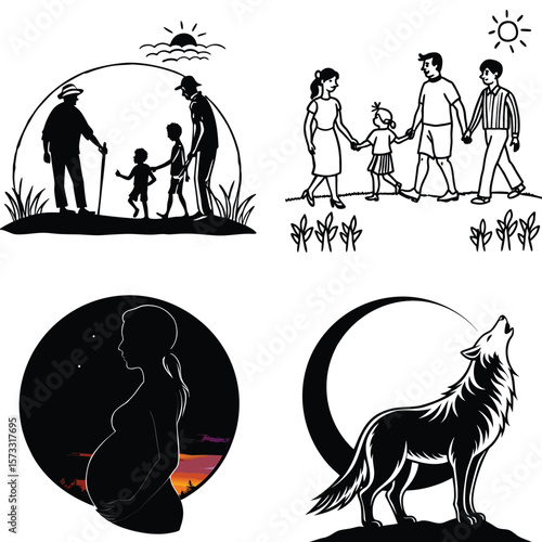 Vector art of a series of evocative black and white illustrations capturing family moments, from a walk with grandparents to a pregnant woman silhouetted against a sunset, alongside a howling wolf