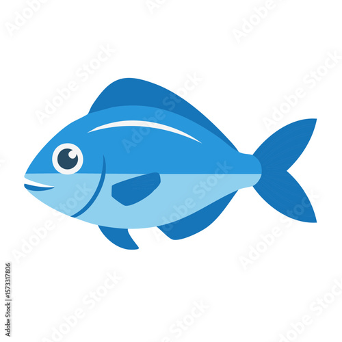Blue fish swimming sideways with a simple design on a clean white backdrop.
