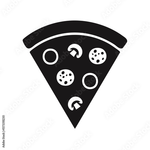Pizza slice with mushroom and pepperoni. Black and white vector icon of pizzeria food
