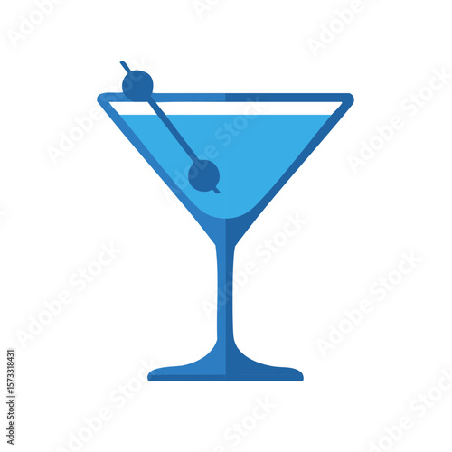 Martini glass with a blue cocktail and olive garnish, minimal design, cool tone