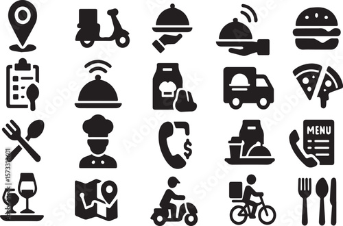 Food Delivery & Restaurant Service Icons Set – Orders, Menu, Chef, Takeout