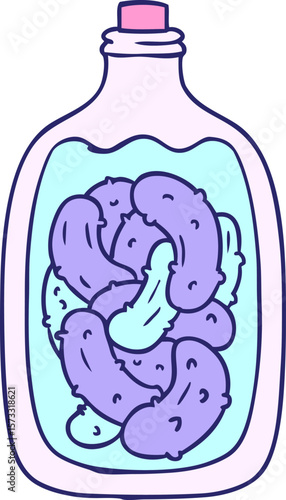hand drawn cartoon doodle jar of pickled gherkins in bright neon color
