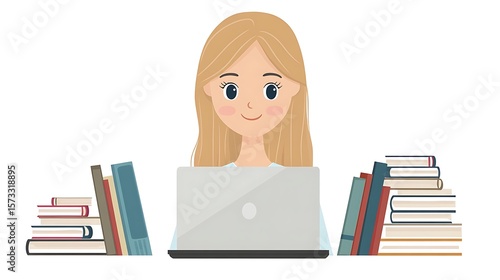 Young woman working on a laptop surrounded by books.