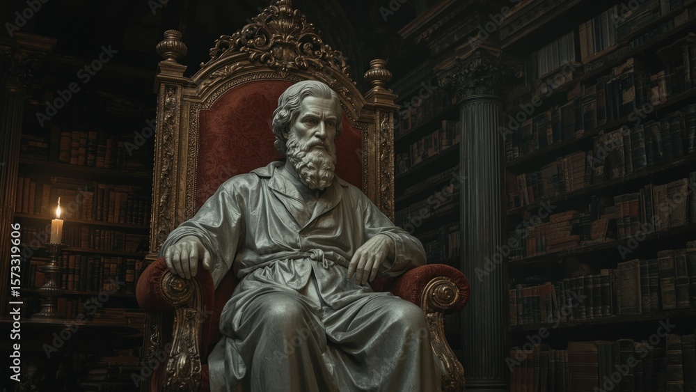 A regal statue of a man in a throne room, surrounded by bookshelves. A regal statue of a man in a throne room, surrounded by bookshelves.