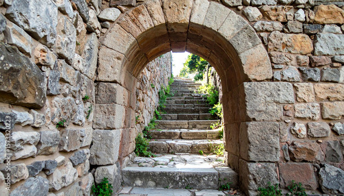 Mystical old stone stairs with arch and walking path. Mysterious entrance. Ancient architecture.