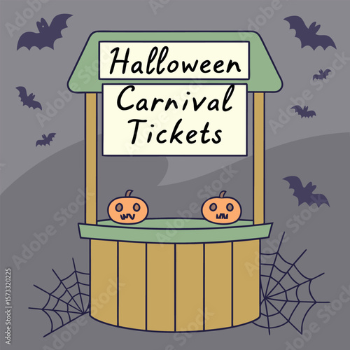 A charming cartoon illustration depicts a halloween carnival ticket booth adorned with two grinning pumpkins and surrounded by spooky bats and cobwebs perfect for seasonal events and decorations