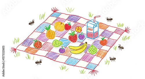 Children's drawing of a picnic blanket with fruits and juice box  