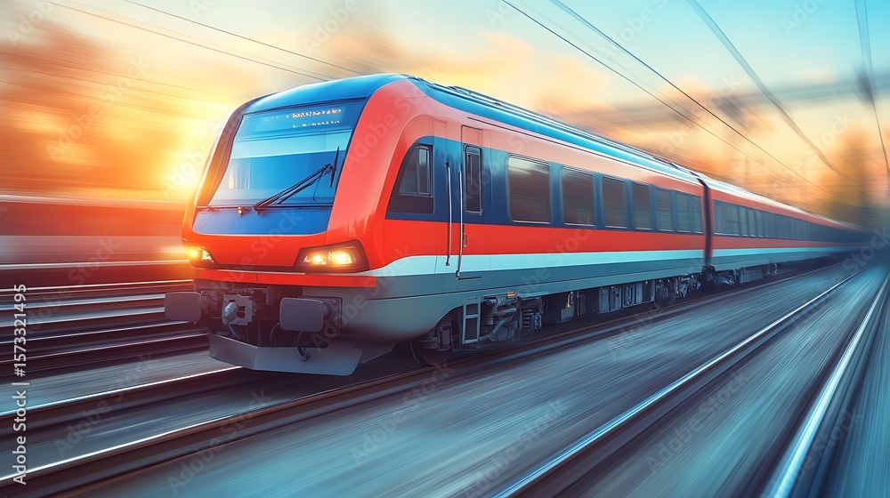 Fototapeta premium High-speed train moving swiftly at sunset.