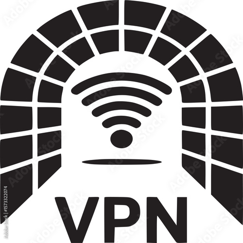 A graphical representation of a vpn service with a tunnel and wifi signal icon in black and white