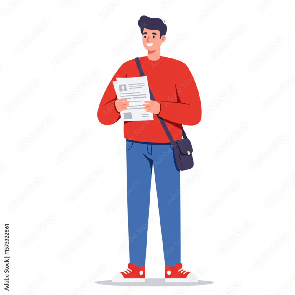 Man smiles while holding a document, wearing a red sweater and carrying a shoulder bag. Man smiles while holding a document, wearing a red sweater and carrying a shoulder bag.