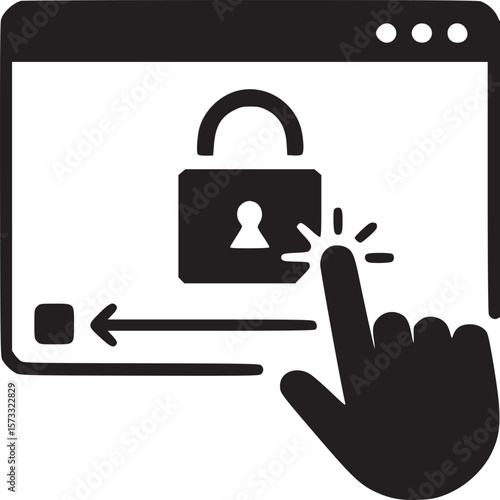 Illustration of a hand clicking on a padlock icon within a browser window on a light background