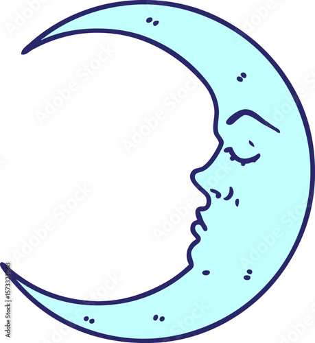 tattoo in traditional style of a crescent moon in bright neon color