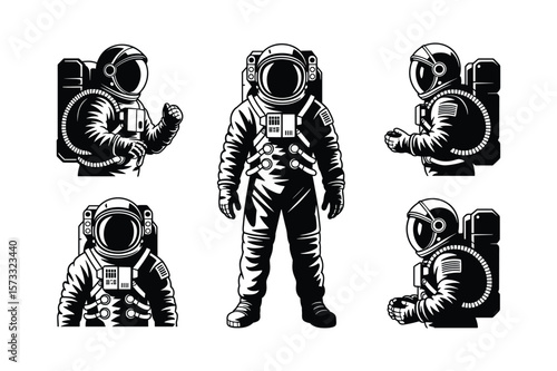 Astronauts in various poses space suit helmet