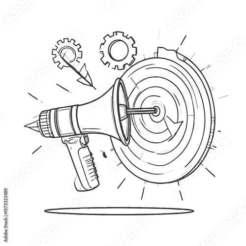 A megaphone pierces a target flanked by gears and radiating lines all in a sketch style