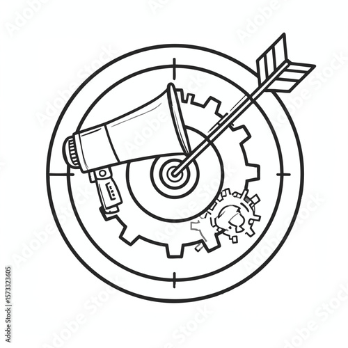 An arrow pierces a target with a megaphone gears and bullseye in a monochrome drawing