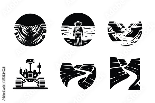 Astronaut exploring alien planet with rover and canyons space exploration