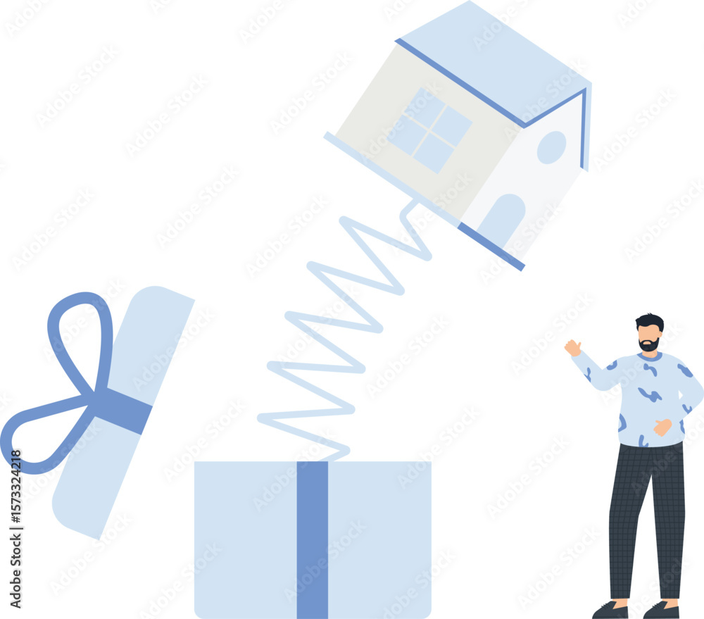 Real Estate Gift Concept House Popping Out of Present Box with Man Illustration, Property Purchase, New Home, Surprise, Mortgage, Investment,real estate, house, gift, present, box, surprise, new home, Real Estate Gift Concept House Popping Out of Present Box with Man Illustration, Property Purchase, New Home, Surprise, Mortgage, Investment,real estate, house, gift, present, box, surprise, new home,