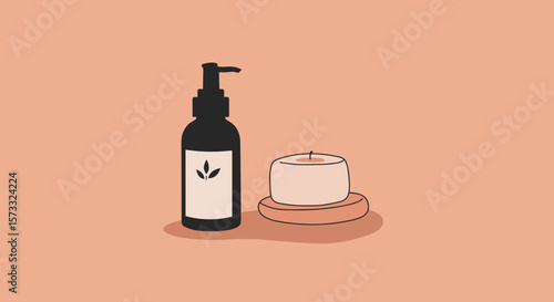 Aromatherapy oil bottle and candle on pastel background  