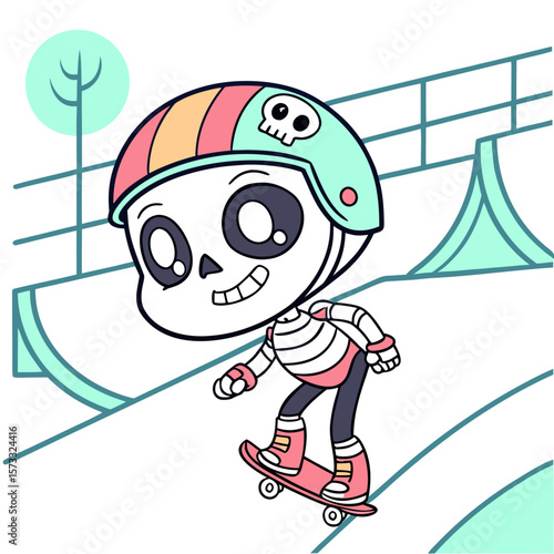 Cartoon skeleton skateboarding with helmet in a skatepark with ramps and a tree in the background