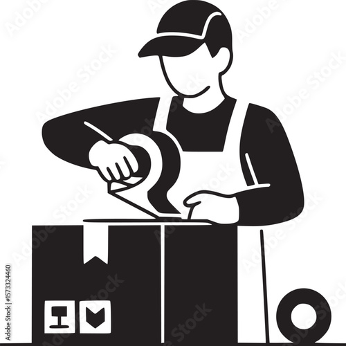 Man sealing cardboard box with tape gun in black and white minimalist style illustration art work