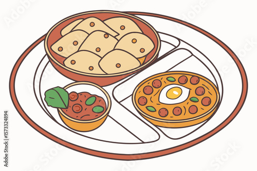 Illustration of a thali with three bowls containing different types of food items served together