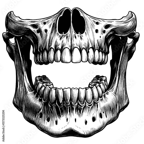 Skull illustration in black and white of human jaw