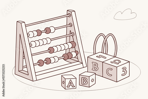 Illustration of an abacus, blocks with letters and numbers, and a ring stacker toy