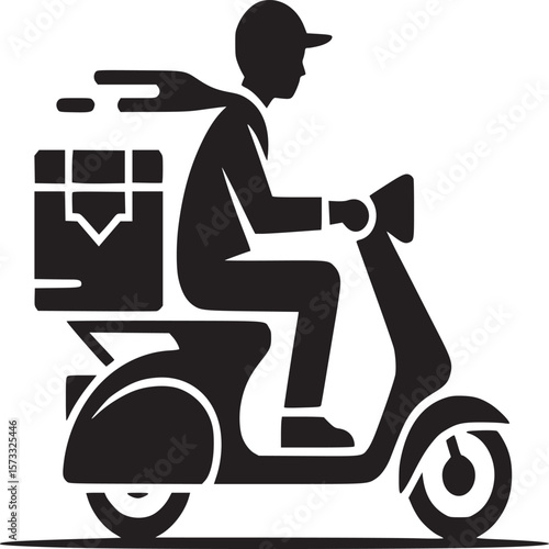 Silhouette of delivery person on scooter with package in black and white simple vector graphic style