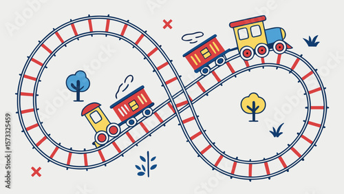 Cartoon train on an infinity loop track with trees and grass on a white background illustration