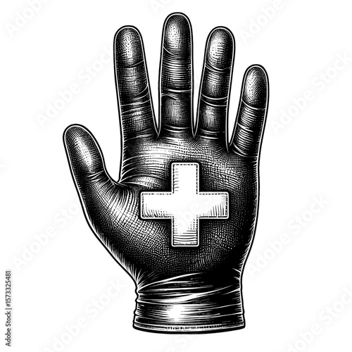 Glove with Plus Sign in Black and White Medical Symbolism