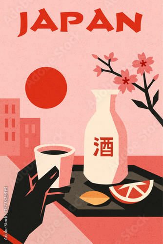 Hand holding a cup of sake. traditional Japanese drink in modern geometric style with sakura, sun and architecture in background
