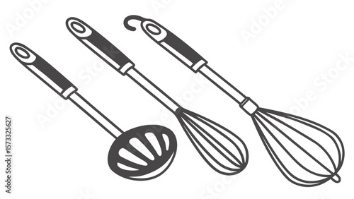 Illustration of a slotted spoon and two whisks with dark handles on a white background view