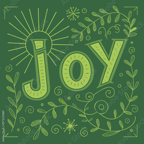 Illustration of the word joy with floral elements and sunburst on a green background design vector