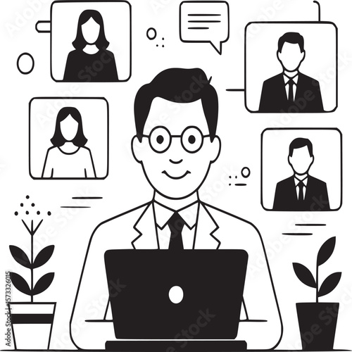 Man with laptop having a video conference with colleagues in a modern black and white line drawing