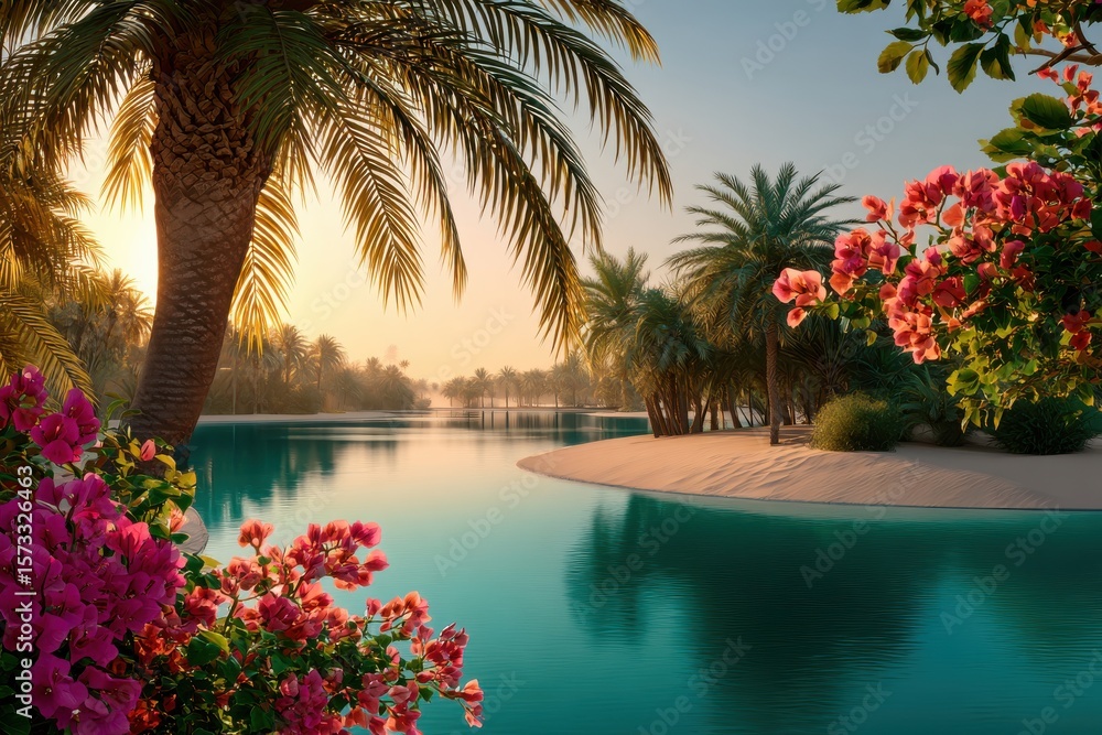 Fototapeta premium Sunset tranquility by the river's edge surrounded by vibrant flowers and lush palm trees