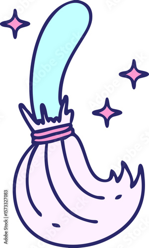 cartoon of a magic broomstick sweeping in bright neon color