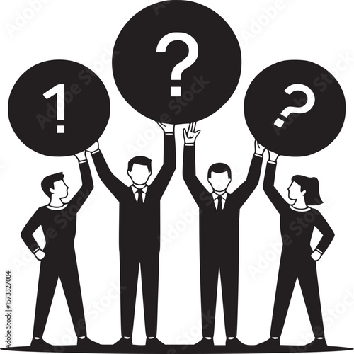 Group of people holding up symbols of exclamation and question marks in black and white style