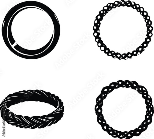 Intricate silhouette vector displaying four ornamental circular motifs, each unique in texture and form—a smooth solid ring conveying simplicity, a braided loop with woven finesse, a twisted rope 